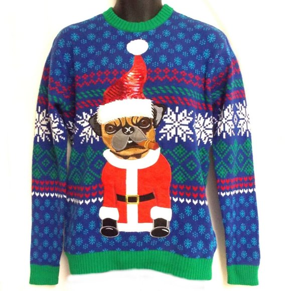 Blizzard Bay Pug Cigar Blue Ugly Christmas Sweater Choice Size Mens Unisex Plush - Picture 1 of 3